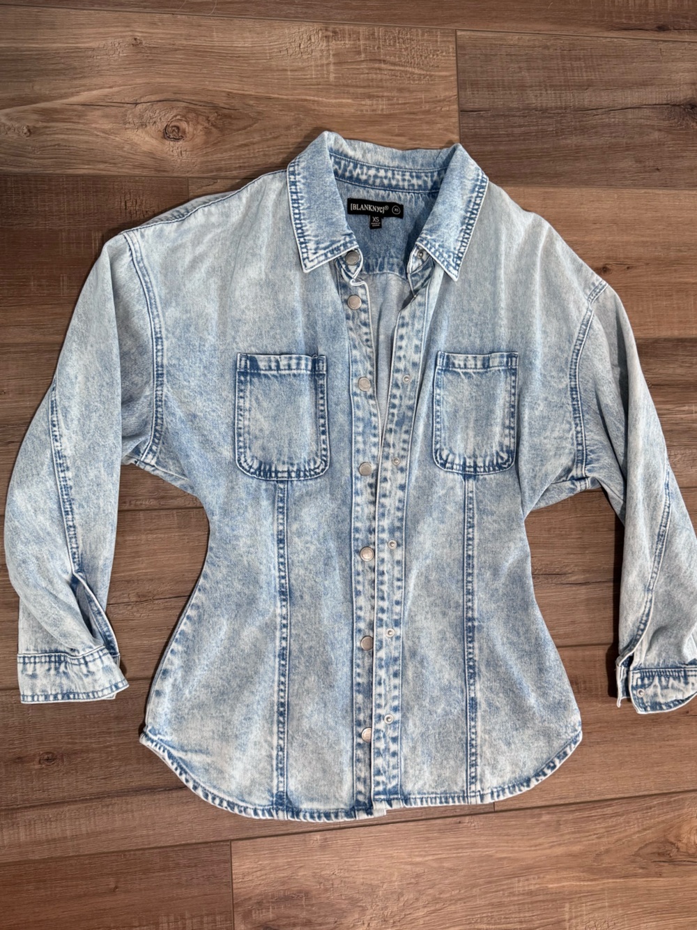 Blank NYC Cinched Waist Faded Light Blue Denim Shirt Jacket